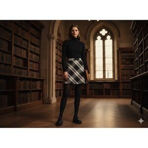 Ann Taylor Loft Wool Blend Dark Academia Mini Skirt SZ 12 Black/Wht Plaid Preppy